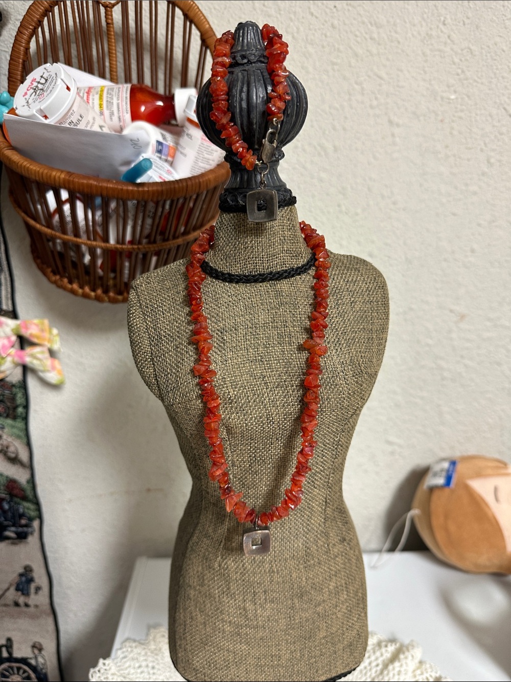 Red Carnelian Chip Necklace with Square Pendant - Unbranded